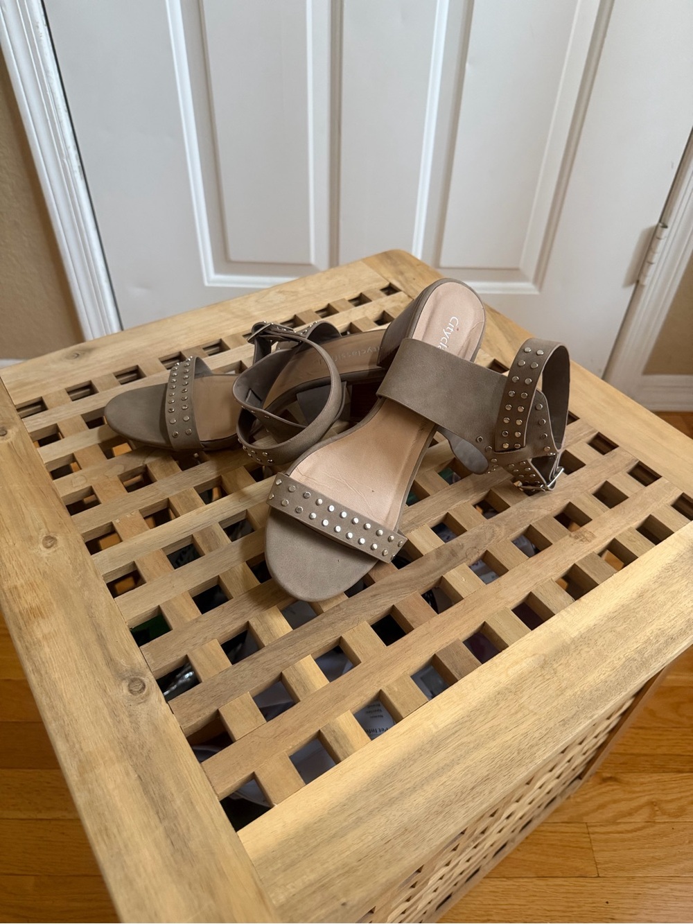 Cityclassified Taupe Studded Block Heel Sandals